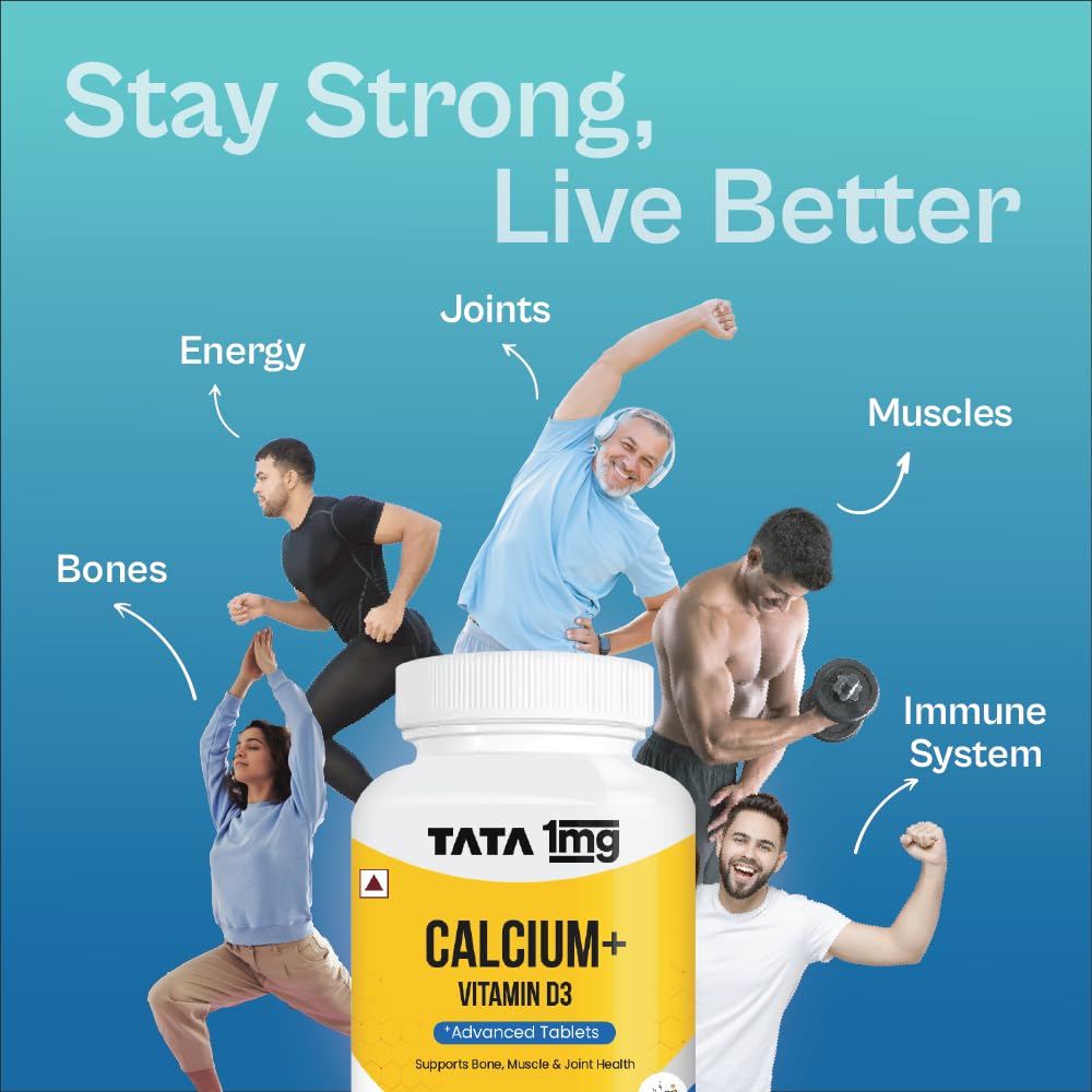 TATA 1mg Calcium & Vitamin D3 supplement with Zinc, Magnesium & Alfalfa | High absorption Calcium Citrate Malate form | 500mg Calcium & 400iu Vitamin D3 | For strong bones & joints | 60 tablets