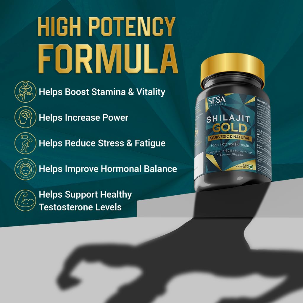 SESA Shilajit Gold 30 Capsules with 60%+ Fulvic Acid 100% Natural Ayurvedic Shilajit Extract Helps Boost Stamina & Strength, 30 Capsules