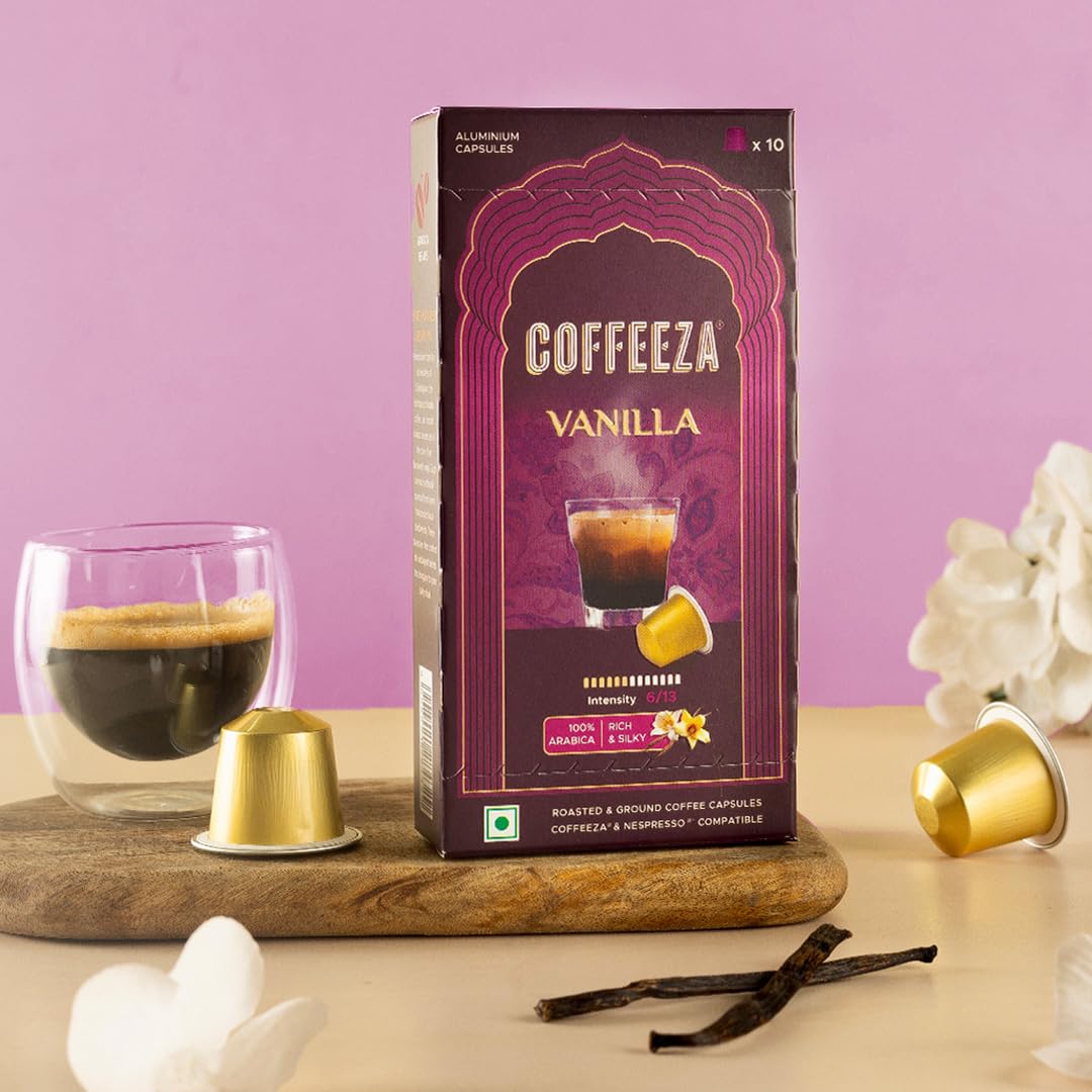 Coffeeza Vanilla Flavoured Coffee Capsules, Intensity - 6 | Aluminium Coffee Pods |100% Arabica | Box of 1 (10 Capsules)