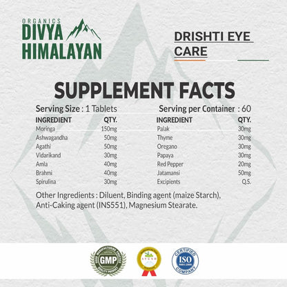 Divya Himalayan Plant-Based Drishti Eye Care Supplement, 60 Tablets, Supports Eye Health & Vision, Herbal Blend with Lutein, Capsules