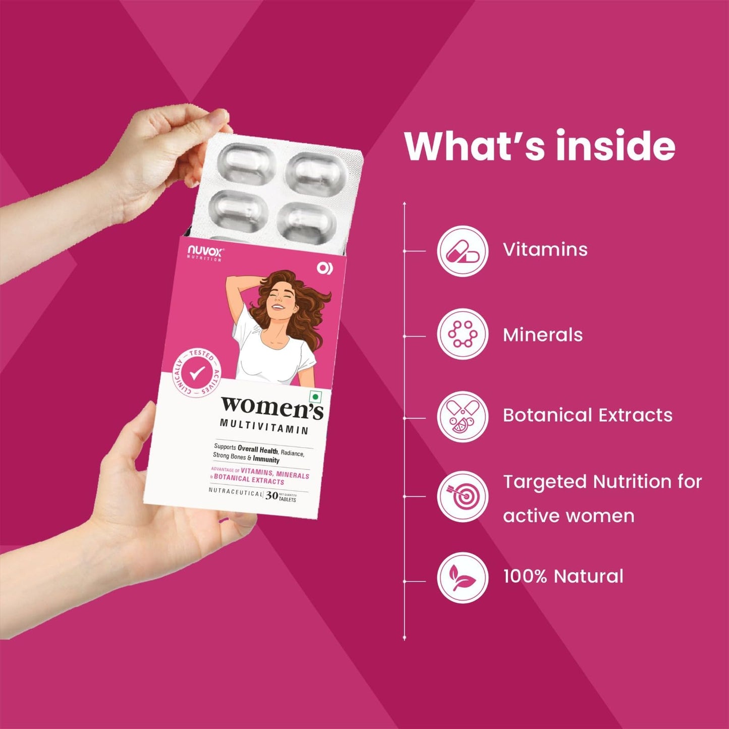 NUVOX Women's Multivitamin | For Women | With Vital Nutrients including Zinc,Magnesium,Vitamin B,C,D, Calcium for Energy, Immunity, Radiance, Strong Bones and Overall Health| Veg - 30 tablets