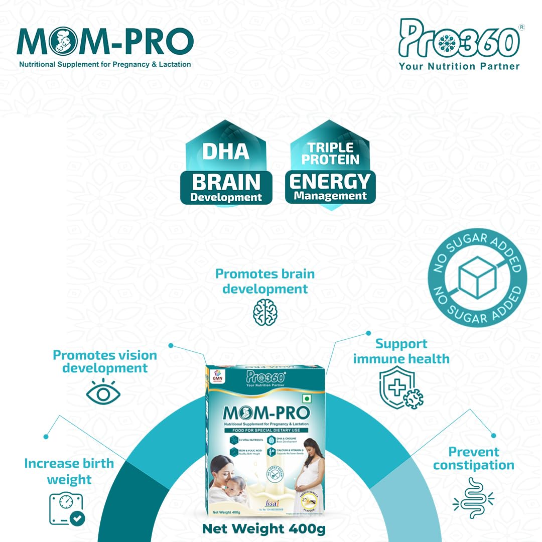 Pro360 MOM Protein Powder Nutritional Supplement for Pregnant and Lactating Mother, Complete Maternal Nutrition during Pregnancy and Breastfeeding – French Vanilla (400+400) g Pack of 2