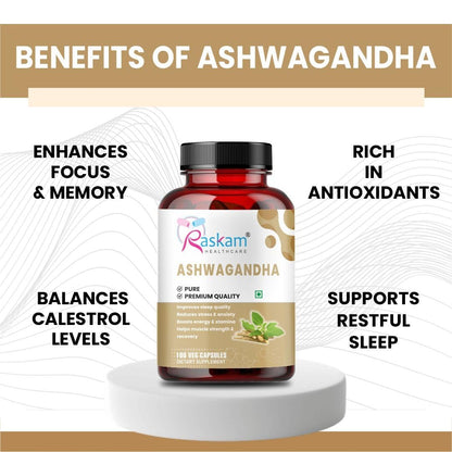 Raskam Ashwagandha 500 mg Capsules, 100 Veg. Capsules, Rejuvenates Body & Brain, Increases Energy, Strengthens Immune System, Reduces Stress & Anxiety