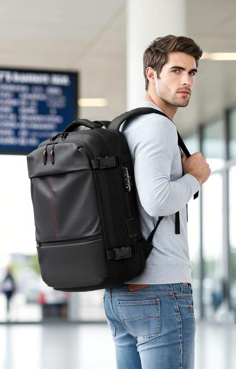 Meyaar Vacuum Compression Travel Backpack for Airplane, 60L Expandable, Anti-Theft, 17.3 inch Laptop Backpack With TSA Lock, Business Backpack Carry-On Luggage (With Air Pump & Waist Bag)