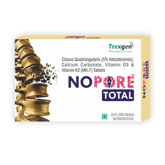 Trexgen-NOPORE TOTAL Hadjod 500mg >5%K.S.-Complete Strong Bones & Fracture Healing Support-Cissus Quadrangularis(hadjod) >5% K.S. 500mg; Calcium 500mg; Vitamin K2-7 45mcg; Vitamin D3 400IU-30 Tablets