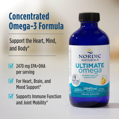 Nordic Naturals Ultimate Omega 3 Fish Oil Liquid | High Potency Omega 3 Fatty Acids Supplement For Men & Women | 2840 Mg EPA & DHA | Promotes Brain & Heart Health | Lemon Flavour 8 Oz