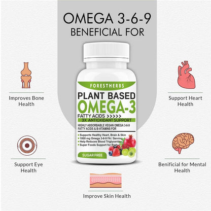 FORESTHERBS Omega 3 Fatty Acid Supplement. vegetarian Omega 3, 6, 9 Fatty Acids 1000mg With B Vitamins & Super foods-30 tablets (No Capsules)