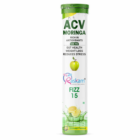 Raskam ACV Moringa 500mg Shikanji Flavour 15 Effervescent Tablets For Gut Health | Weight Loss | Reduces Stress | 100% Vegan | 15 Tablets Each (Pack of 1)