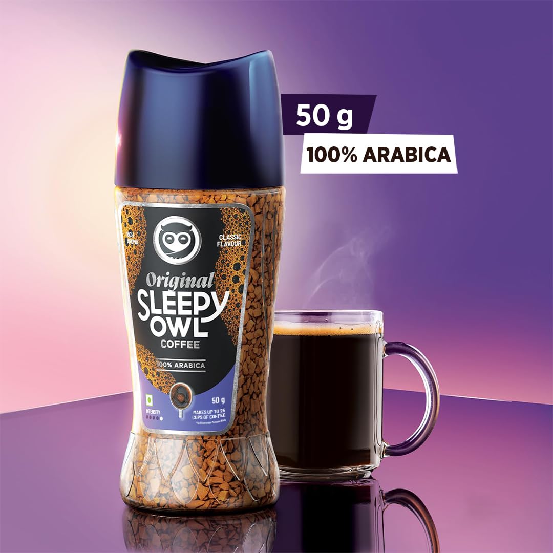 Sleepy Owl Premium Original Instant Coffee Powder | 100% Arabica Freeze Dried Coffee - 50g | Make Cafe Style Hot or Cold Coffee, Black Coffee, Cappuccino, Latte at Home | Makes 25 Cups