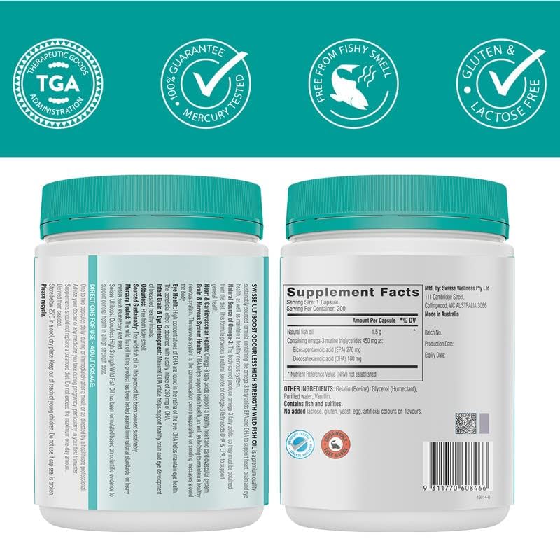Swisse Fish Oil with 1500mg Omega 3 - 200 Capsules, One Capsule Per Serving,(Highest Fish Oil Concentrate In Single Capsule) Manufactured In Australia, Internationally Proven Formula