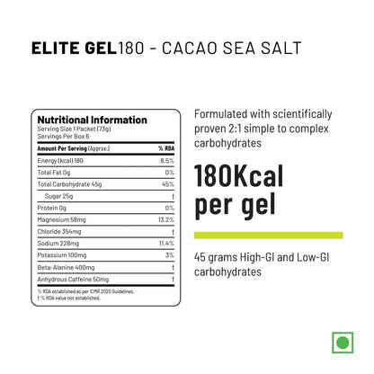 Unived Elite Gel, 2:1 Carbohydrate Ratio, 45g Carbs, Beta-Alanine, Sodium Bicarbonate, & Essential Electrolytes, 190kcal & Gluten-Free (Cocoa Sea Salt - 50mg Caffeine - 6 Pack)