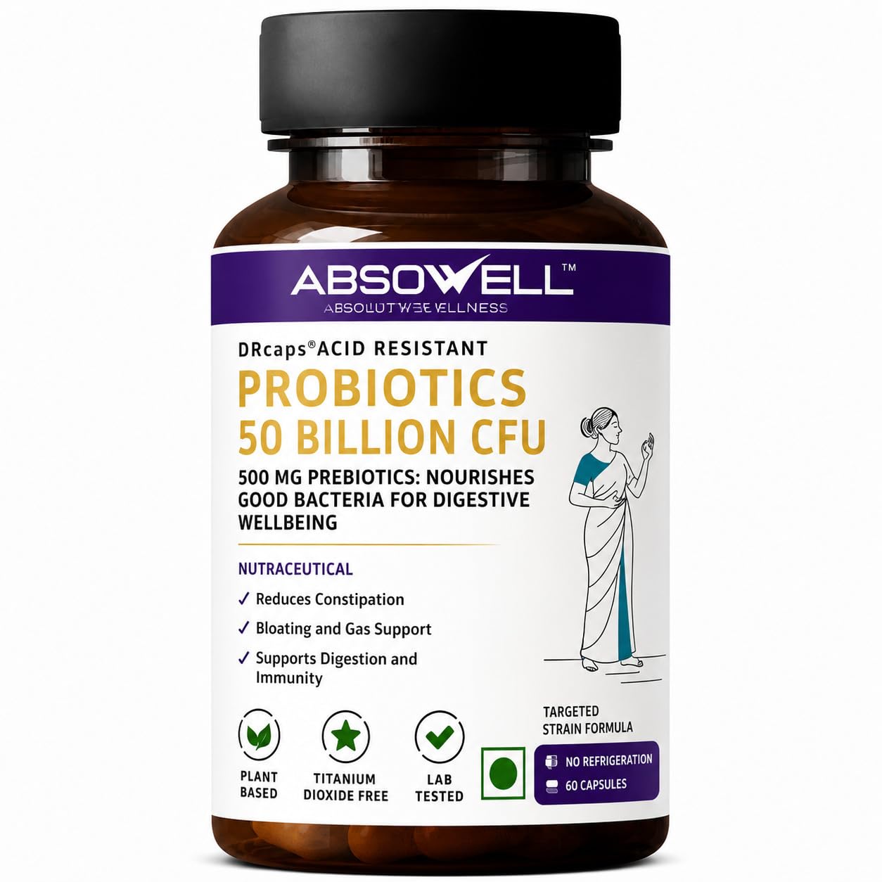 Absowell Probiotics 50 Billion CFU | 6 Strain Precision Probiotic Supplement with Lactobacillus rhamnosus GG & Saccharomyces boulardii | Supports Gut Health, Digestion & Bloating | Vegan Acid-Resistant DRcaps | 60 Capsules