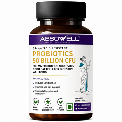 Absowell Probiotics 50 Billion CFU | 6 Strain Precision Probiotic Supplement with Lactobacillus rhamnosus GG & Saccharomyces boulardii | Supports Gut Health, Digestion & Bloating | Vegan Acid-Resistant DRcaps | 60 Capsules
