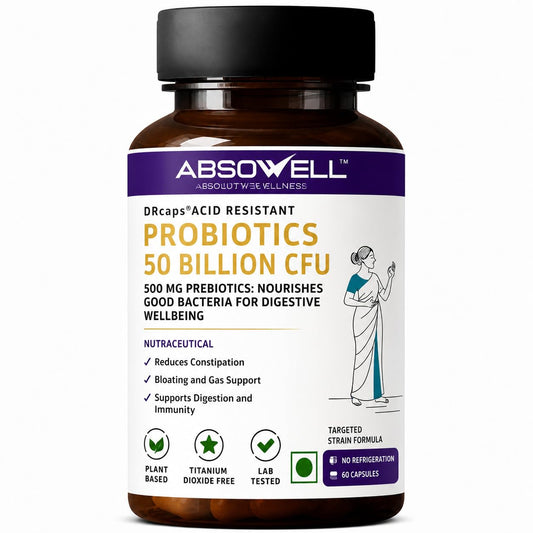 Absowell Probiotics 50 Billion CFU | 6 Strain Precision Probiotic Supplement with Lactobacillus rhamnosus GG & Saccharomyces boulardii | Supports Gut Health, Digestion & Bloating | Vegan Acid-Resistant DRcaps | 60 Capsules