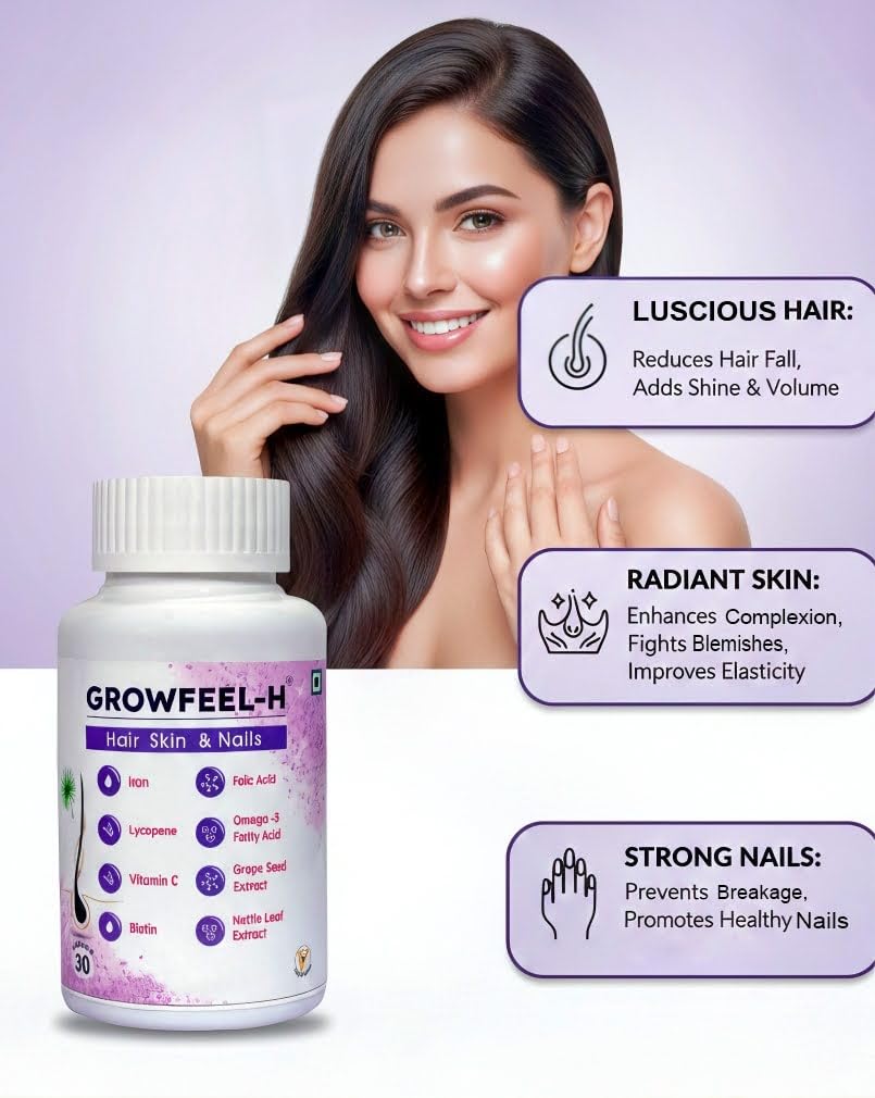 Growfeel-H Tablets for Hair, Skin & Nail Nutrition – 30 Tablets | With Biotin, Omega-3, Iron, Vitamin C, Grape Seed & Nettle Leaf Extract | Daily Wellness Supplement (Pack of 2)