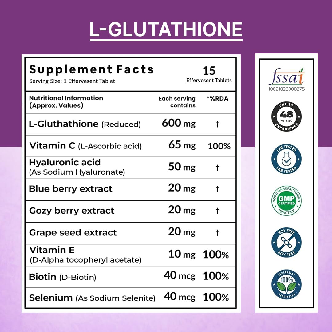ELEMENTARY ORGANICS Glutathione With Collagen Tablets for Glowing Skin, Radiance, Skin Whitening & Anti Ageing | Hyaluronic Acid, Vitamin C & Vitamin E | 30 Effervescent Tablets