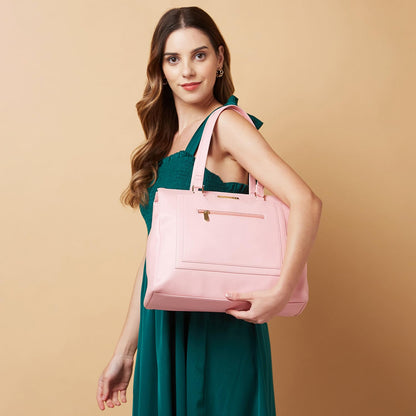 Caprese Ginty Satchel Bag, Medium | Stylish Solid Handbag for Women with Comfortable Flat Handles, Adjustable & Detachable Sling Strap | Secure Zip Closure | Perfect for Casual & Daily Use (Pink)