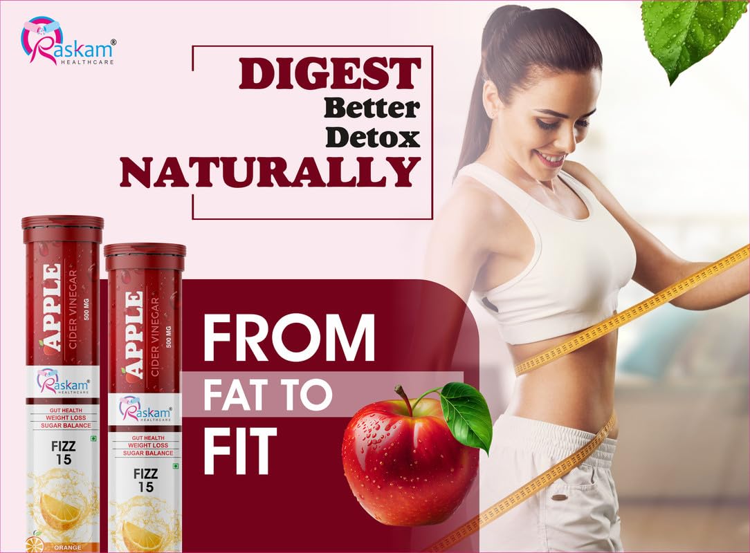 Raskam ACV Apple Cider Vinegar Effervescent Fizz 15 Tablets - For Weight Loss | Refreshing Detox & Metabolism Boost, No added Sugar (Pack of 1), Orange Flavour