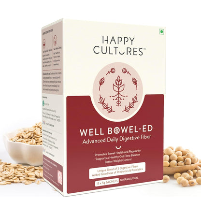 Happy Cultures Well Bowel-ed Unique Blend of 5 Digestive Fiber & Probiotics, Promote Bowel Health Reduce Constipation Gas Bloating Acidity, Blood Sugar Levels, Unflavored 15 Sachets