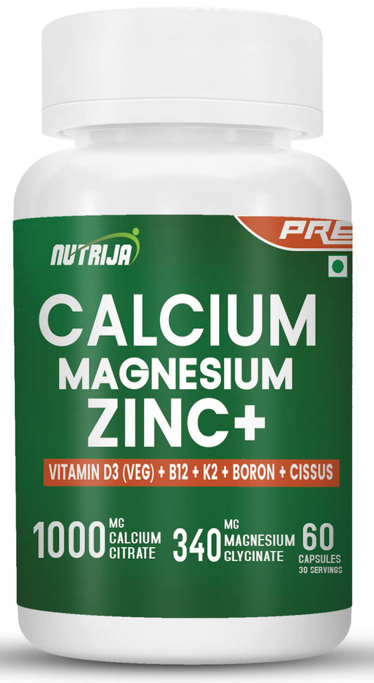 NutriJa Calcium Magnesium Zinc with Vitamin D3, Boron, K2 & B12 | Complete Bone Health & Joint Support Supplement for Men & Women (60 Capsules)