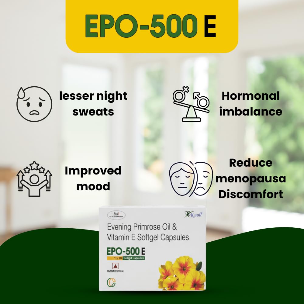 Knoll Healthcare EPO-500E Evening Primrose Oil 500 mg with Vitamin E Softgel Capsules | Supports Women’s Wellness, Skin Health & Antioxidant Support | Dietary Supplement (1x10 Capsules)