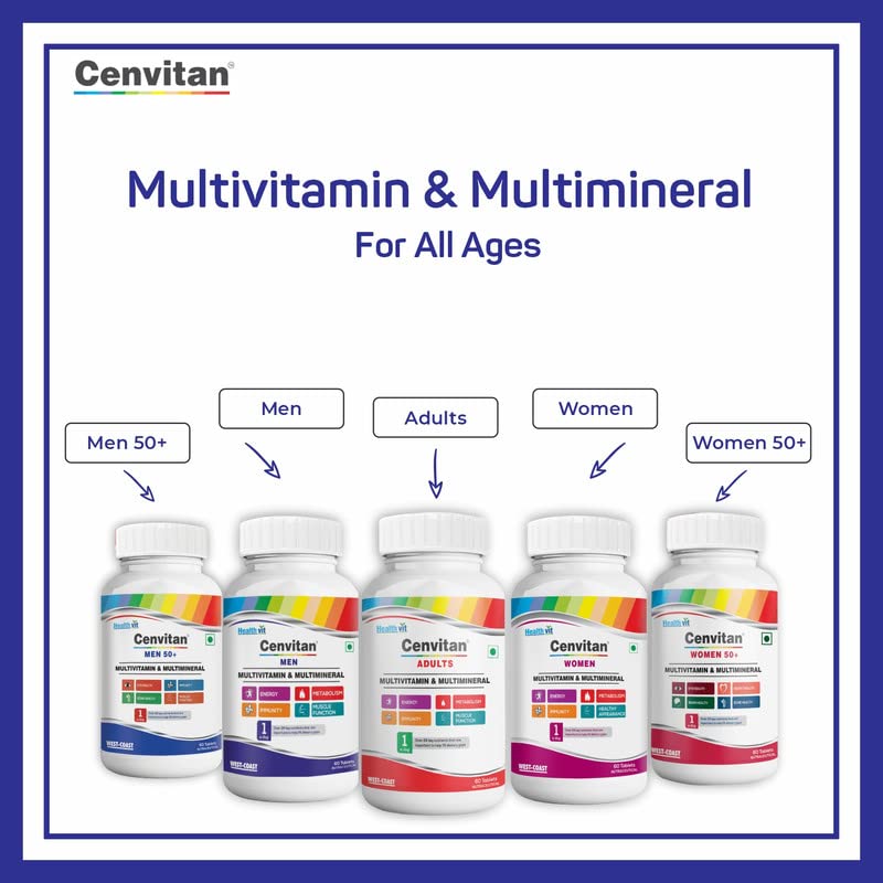 Healthvit Cenvitan Multivitamin for Men | Men Daily Nutrition, Immunity Booster | Hair, Skin and Nails | Bone Health | Energy Boost | Metabolism Booster - 60 Tablets (24 Nutrients)