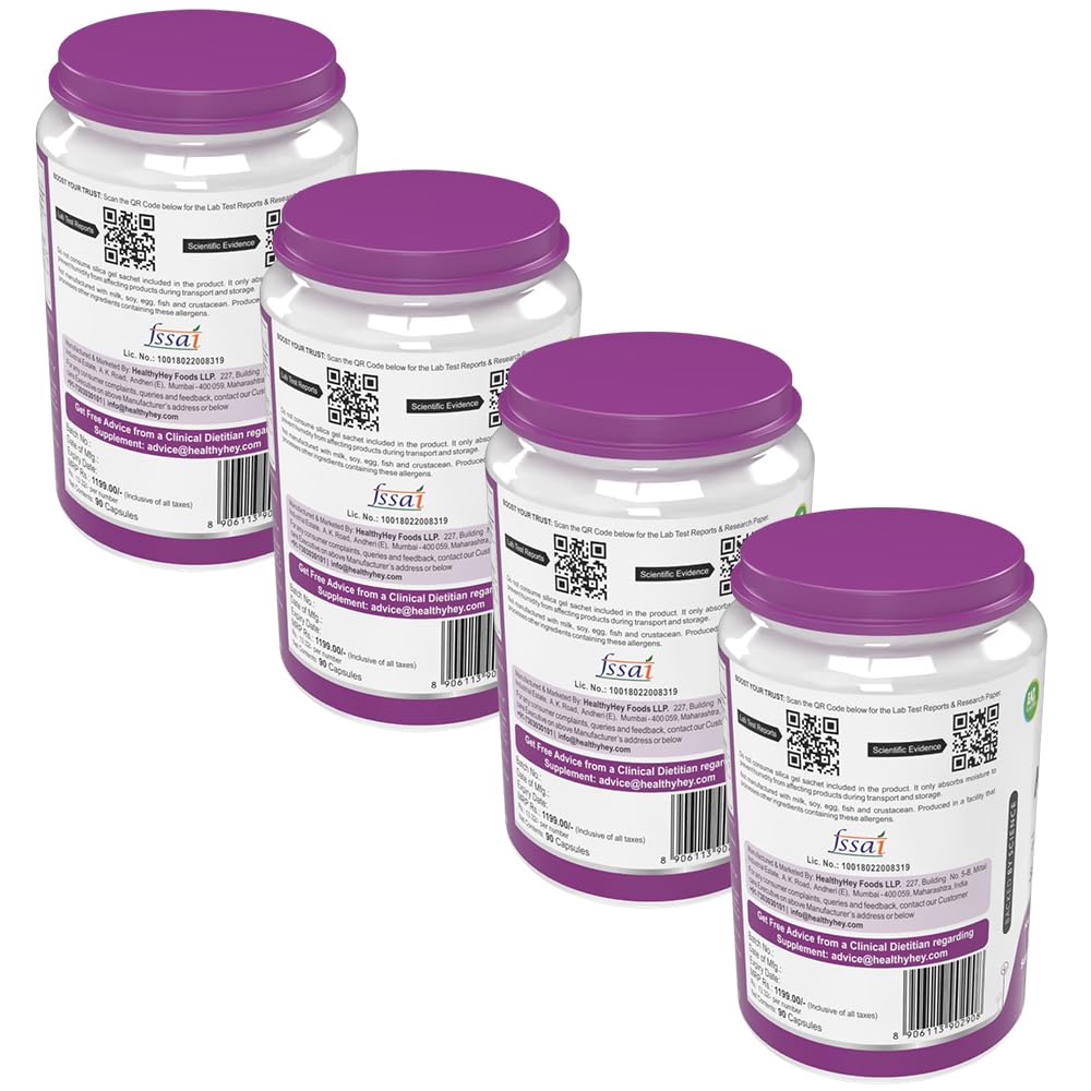 HealthyHey Nutrition High Absorption Magnesium Glycinate, 550mg - 90 Vegetable Capsules - Pack of 4