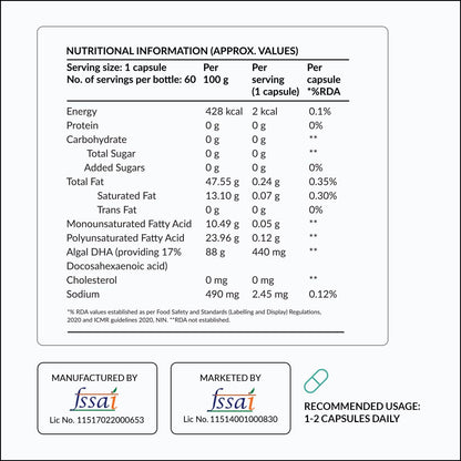 NUTROVA Complete Omega 3 Vegan and Gelatin-Free 60 capsules with Marine Algal Extract Containing 17% vegan-sourced DHA – Supports Cardio Health, Skin & Hair etc - Ideal for Vegans & Vegetarians