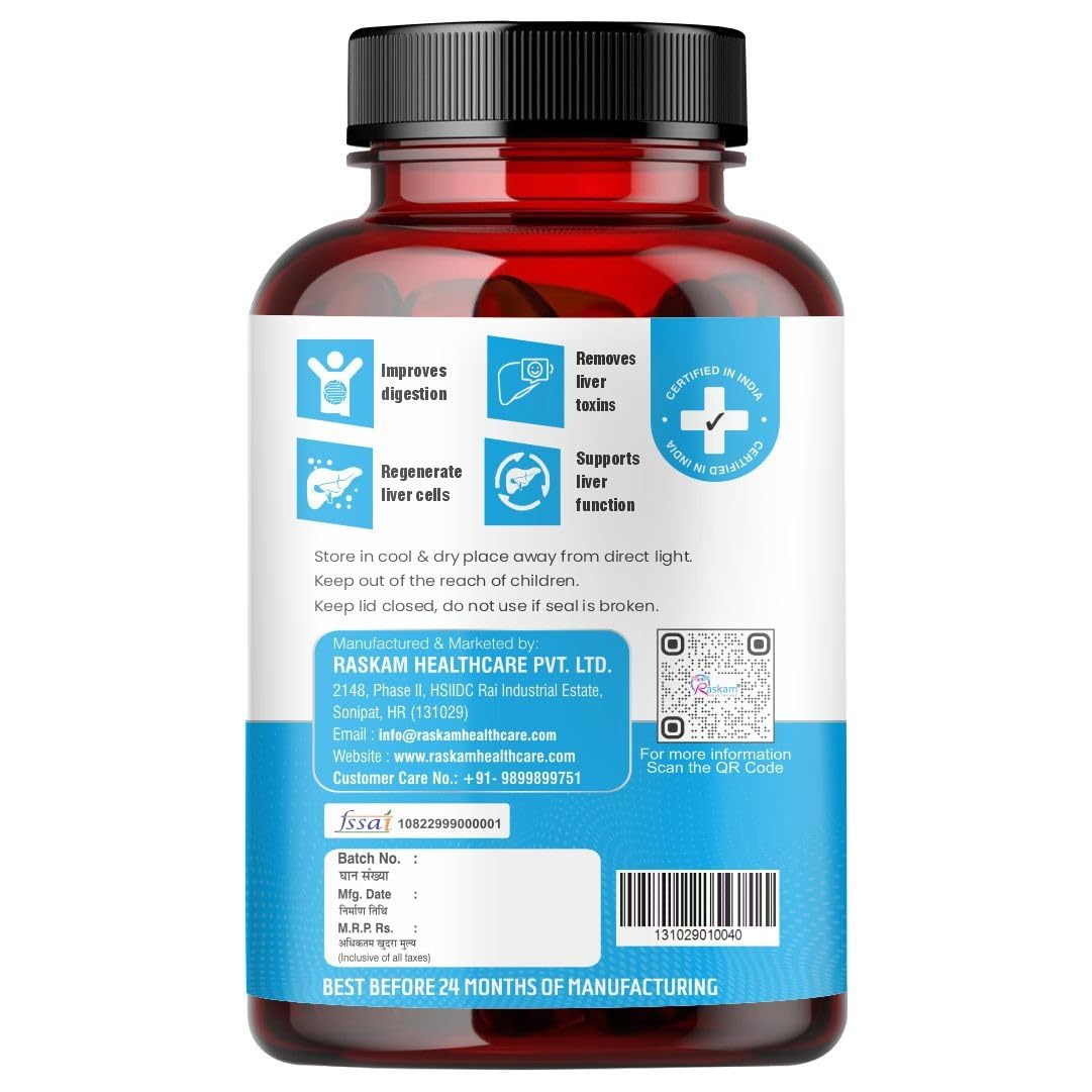 Raskam Liver Detox Supplement - Natural Detoxification Formula - Milk Thistle - Digestive Enzymes - Supports Liver - Fit Health Fatty Liver Care - Body Detox Support - 100 Capsules