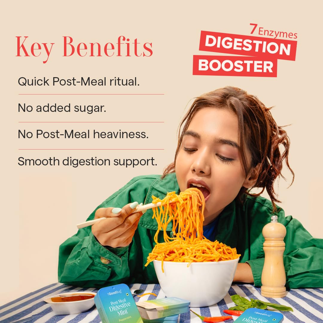 The Good Bug Post Meal Digestive Mints – Peppermint | Post Meal Digestion Booster | 7 Digestive Enzymes | Helps Reduce Post-Meal Heaviness, Bloating, Acidity & Discomfort | No Added Sugar | 28 Mints (14 x 2 Packs) (Pack Of 2, Peppermint)