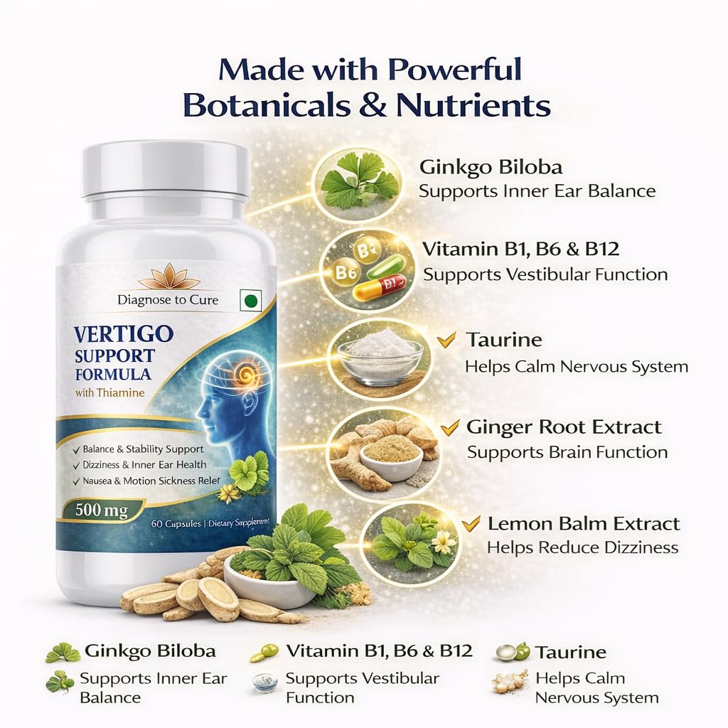 Vertigo Support Capsules – Dizziness & Inner Ear Balance Supplement | Thiamine TTFD, Vitamin B6, B12, D3, Magnesium, Ginkgo Biloba, Ginger & Taurine | Motion Sickness, Nausea & Nervous System Support | 60 Capsules