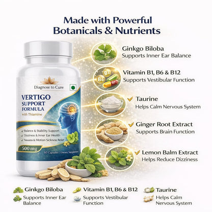Vertigo Support Capsules – Dizziness & Inner Ear Balance Supplement | Thiamine TTFD, Vitamin B6, B12, D3, Magnesium, Ginkgo Biloba, Ginger & Taurine | Motion Sickness, Nausea & Nervous System Support | 60 Capsules