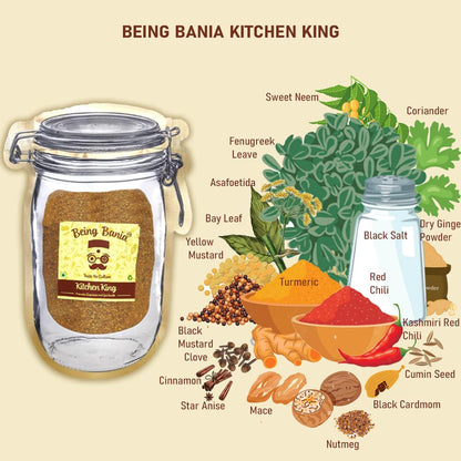 Being Bania Kitchen King Masala Pouch, 100 Gms | 100% Natural |natural Jain Masala No garlic or onion | | No Added Flavors or Preservative | For Healthy Routine | Promote Digestion & Gut Health | Exotic Indian Spices | Indian Masala