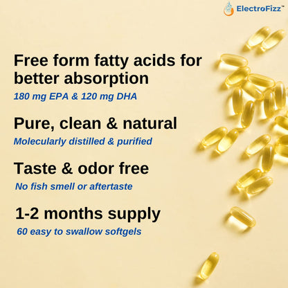 ElectroFizz Omega 3 Fish Oil Capsules For Men And Women 1000 Mg (180 Mg EPA And 120 Mg DHA) with other Omega 3 Fatty Acids for Health Heart, Brain and Joint Support Supplements - 60 Softgels