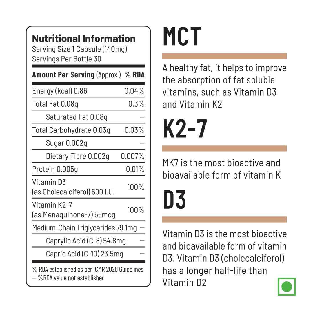 Unived Basics D3+K2 (MK-7) | Vitamin D3 600 IU & Vitamin K2-7 (MenaquinGold) 55mcg | Immunity, Heart, Muscle, & Bone Health | Plant-Based & Natural | 30 Capsules