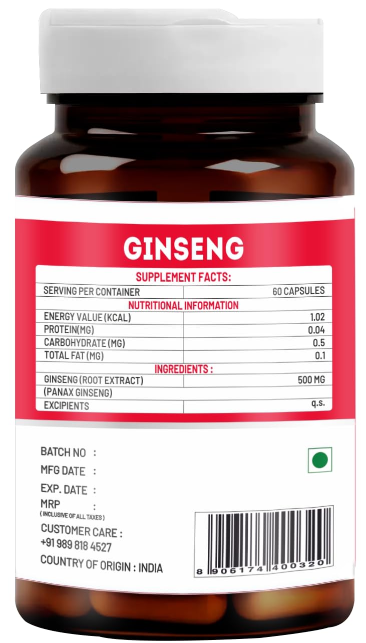 VitaWin Ginseng Capsules 500mg | Herbal Supplement for Daily Vitality, Active Lifestyle & Wellness Support | 60 Vegetarian Capsules