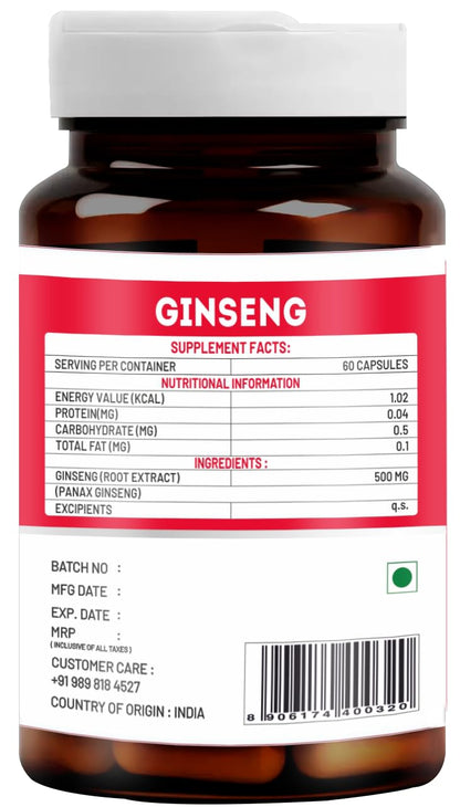 VitaWin Ginseng Capsules 500mg | Herbal Supplement for Daily Vitality, Active Lifestyle & Wellness Support | 60 Vegetarian Capsules