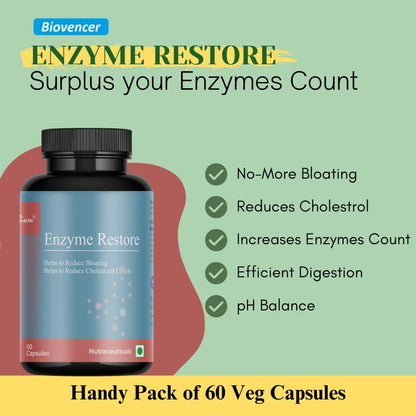 Biovencer Enzyme Restore | Provides Enzymes Found in Uncooked Food | Helps to Reduce Indigestion | Highly Concentrated | Have High Activity Level | Pack of 60 Veg Capsules