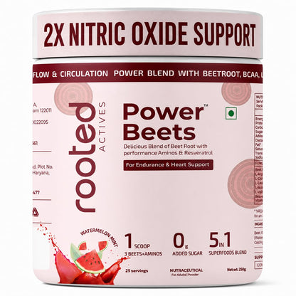 Rooted Actives Power Beets | Beetroot Powder with BCAAs, L-Arginine, L-Carnitine & Resveratrol | Watermelon Mint Flavour | Zero Added Sugar | 5-in-1 Superfoods Blend | 25 Servings | 250g | Powder