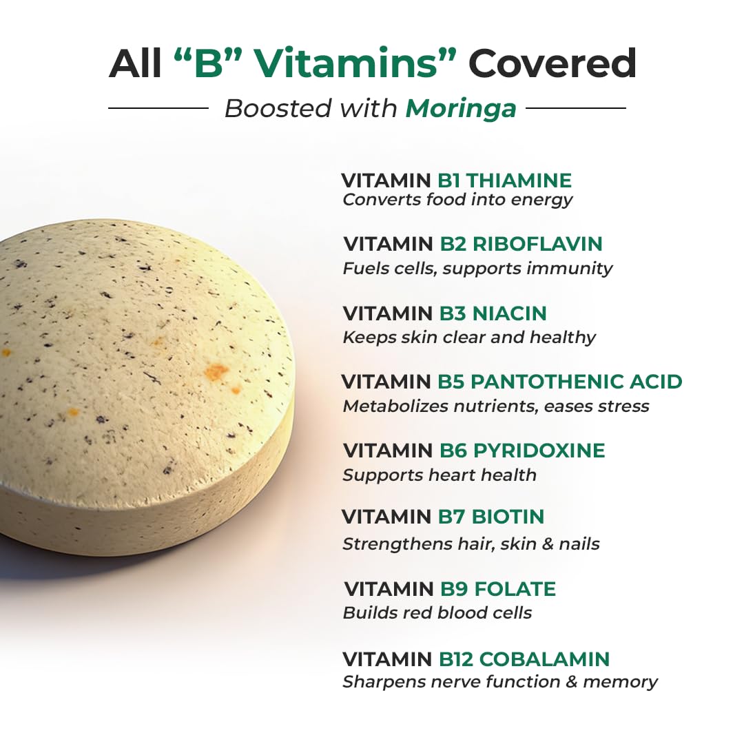The Healthspan Co. Vitamin B-Complex 120 Veg Tablets-100% RDA for B Vitamins with B1, B2, B3, B5, B6,B7, B9 & Vitamin B12 Supplement | Vitamin B Complex Supplements for Women & Men| Along with Moringa