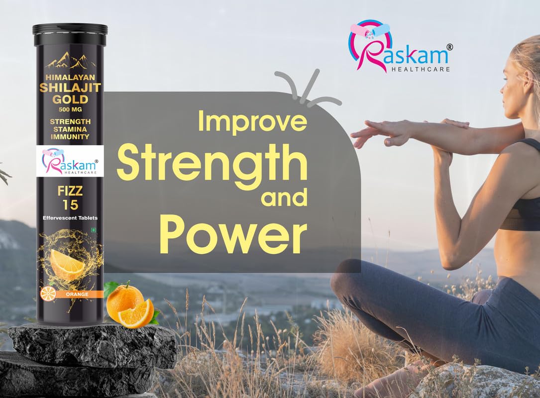 Raskam Shilajit Gold Fizz 15 Effervescent Tablets (Pack of 2) | With Ashwagandha, Gokshura & Safed Musli for Strength | Pure Himalayan Shilajit Gold For Men & Women in Orange Flavour, 500mg