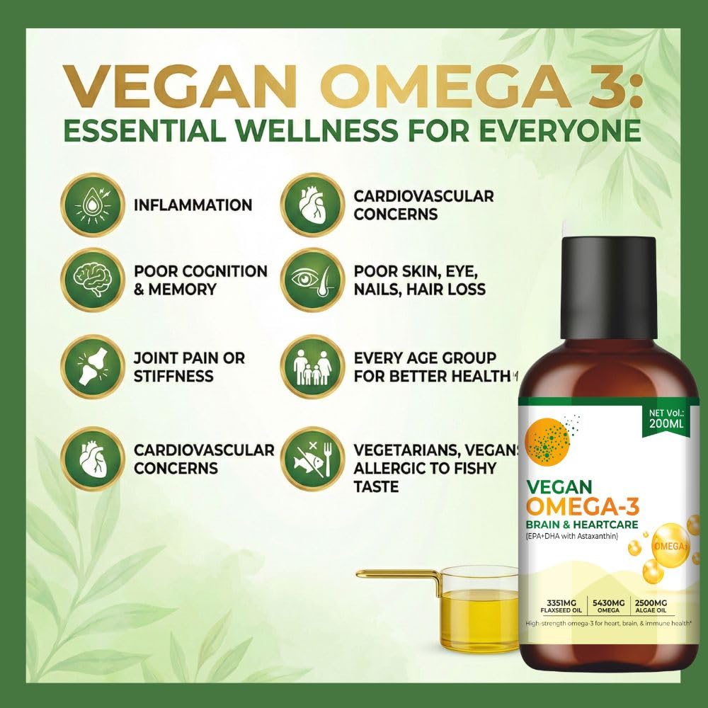 Vegan Omega 3 Oil – Algae Oil Omega with EPA DHA & Astaxanthin | Supplement for Heart, Brain, Eyes, Skin & Joints | High EPA DHA