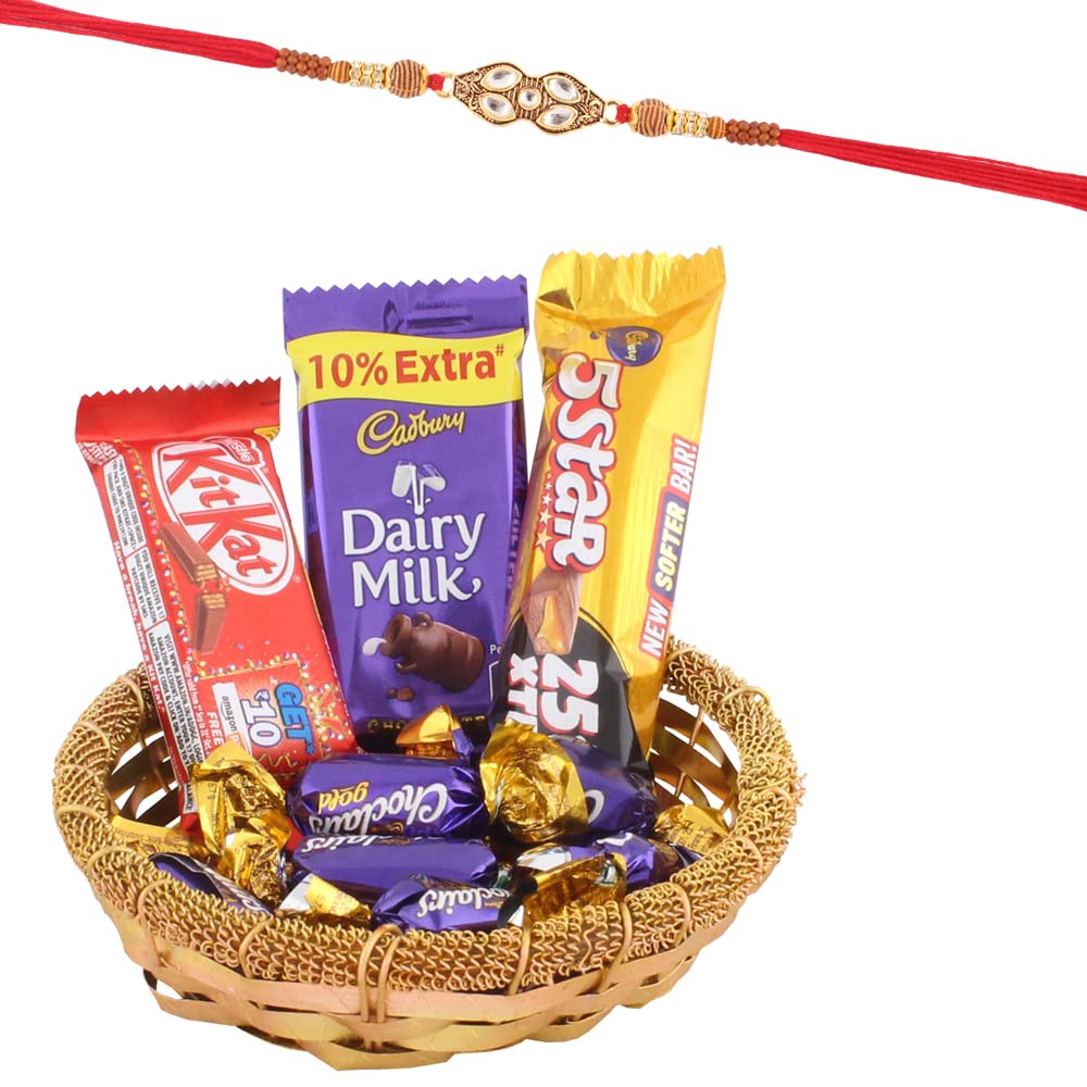 SFU E Com Premium Kundan Stone Design Rakhi with Chocolates | Rakhi Chocolate Gift for Brother | Premium Rakhi Chocolate Basket Hamper | Roli, Chawal, Chandan, Misri | 448