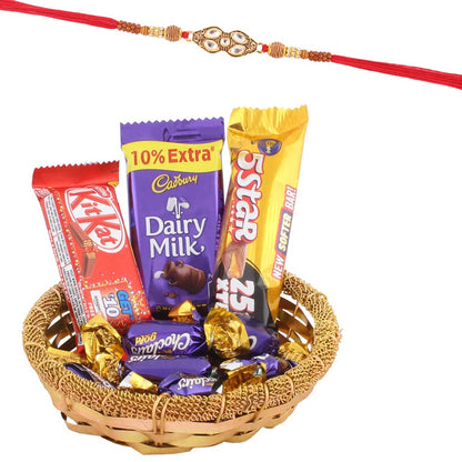 SFU E Com Premium Kundan Stone Design Rakhi with Chocolates | Rakhi Chocolate Gift for Brother | Premium Rakhi Chocolate Basket Hamper | Roli, Chawal, Chandan, Misri | 448