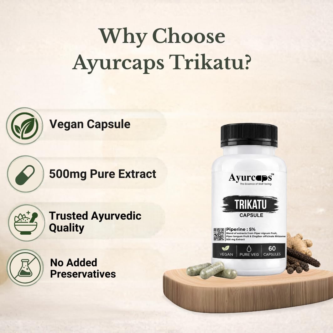 Trikatu Capsules For Men & Women | Ayurvedic Blend Of Black Pepper, Long Pepper & Ginger Extract | Piperine 5% Herbal Supplement For Digestion, Metabolism & Daily Wellness Support | 60 Capsules