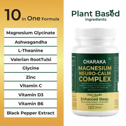 Charaka Magnesium Glycinate for Deep Sleep & Stress Relief | Fall Asleep Faster, Calm Mind | Ashwagandha, L-Theanine, Valerian | 120 Tablets | Non-Habit Forming