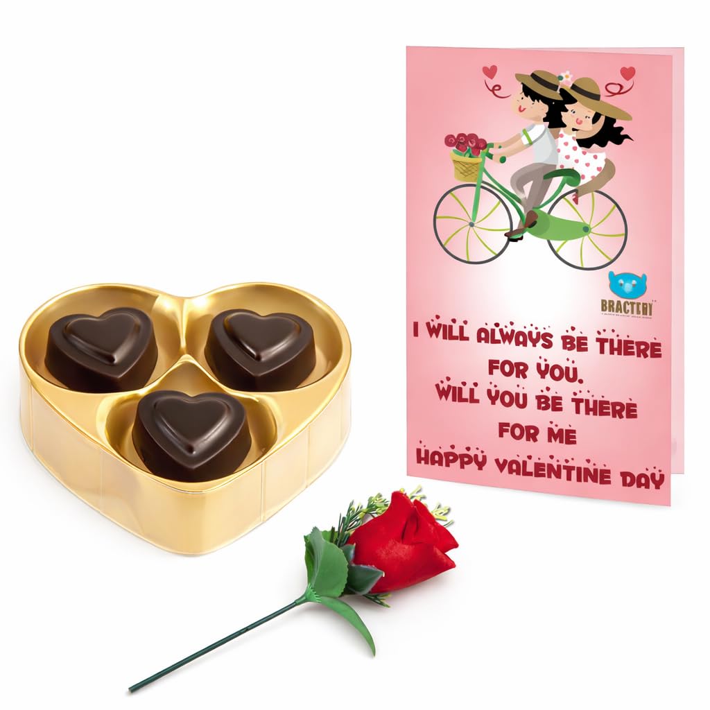 BOGATCHI Valentine’s Day Chocolate Gift | 3 Choco Hearts Box with Free Valentine Card & Rose | Gift for Girlfriend, Boyfriend, Wife, Husband