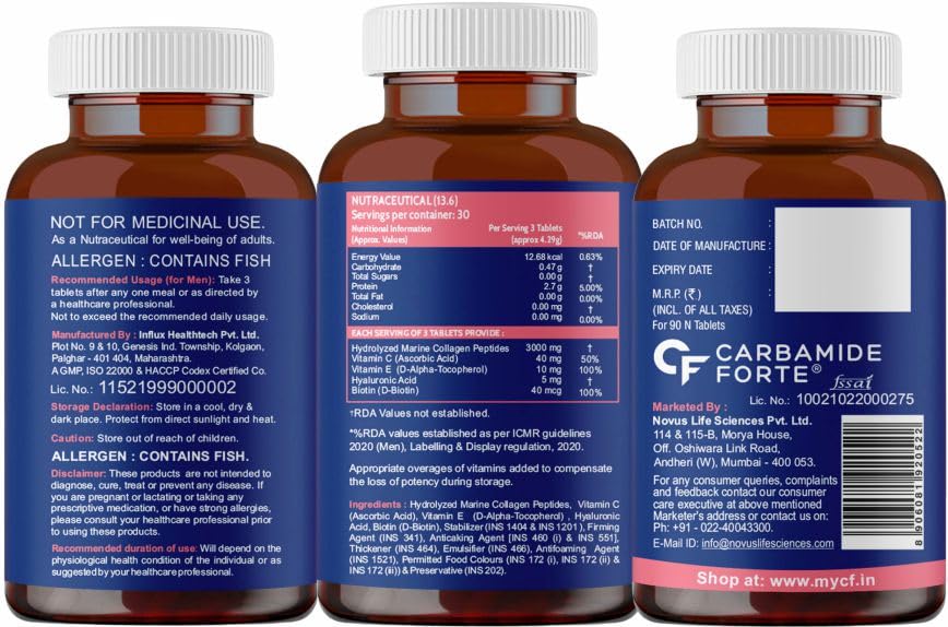 Carbamide Forte Hydrolyzed Marine Collagen Tablets | 3000mg Collagen Peptides with Biotin & Hyaluronic Acid - Type 1 Marine Collagen Powder | Marine Collagen Supplements for Women & Men - 90 Tablets