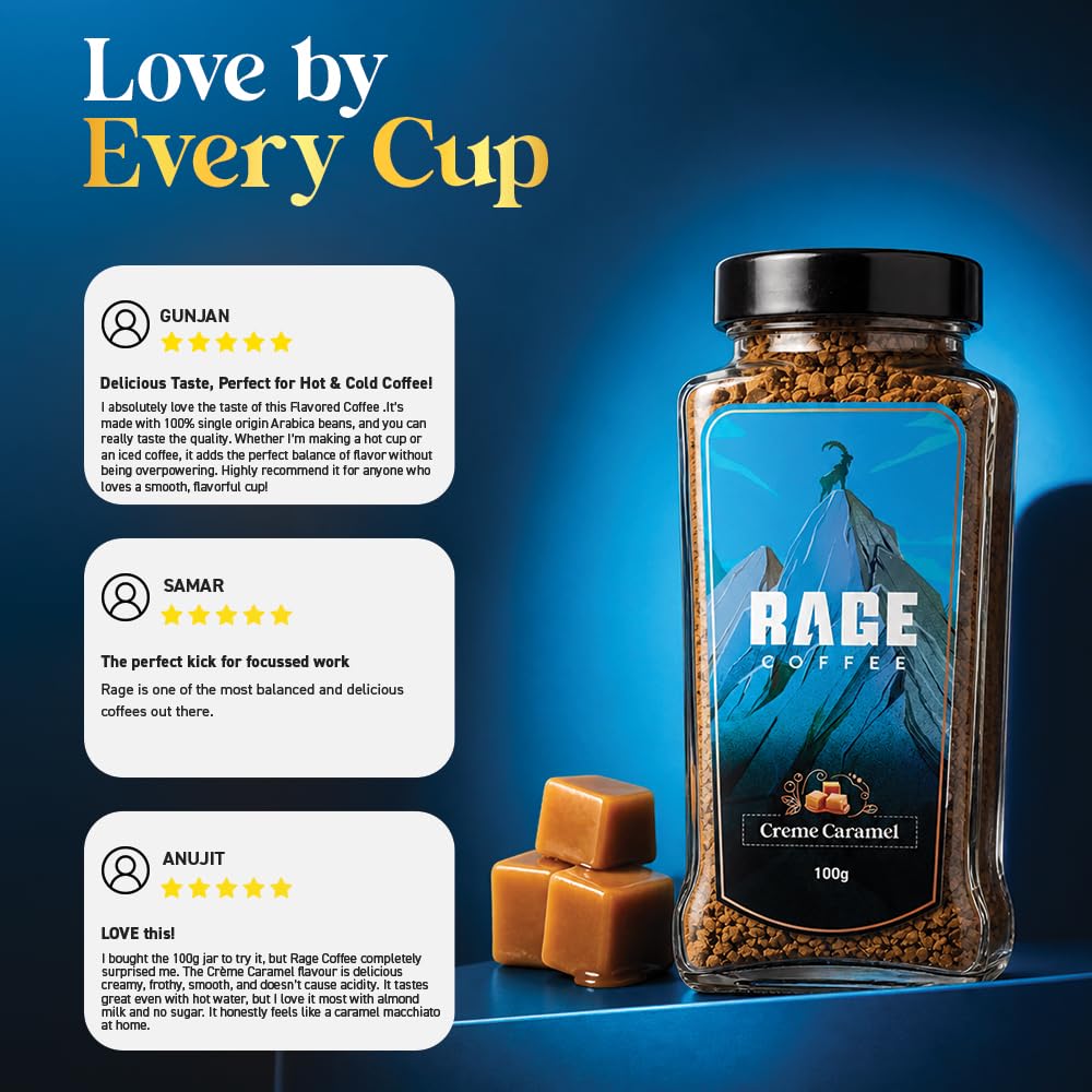 RAGE COFFEE Creme Caramel - Flavored Instant Coffee Powder for both Hot & Cold Coffee, 100% Single Origin Arabica Coffee Beans Powder, Premium Coffee Infused with Plant Vitamins (CREME CARAMEL, 100g)