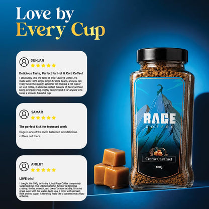 RAGE COFFEE Creme Caramel - Flavored Instant Coffee Powder for both Hot & Cold Coffee, 100% Single Origin Arabica Coffee Beans Powder, Premium Coffee Infused with Plant Vitamins (CREME CARAMEL, 100g)